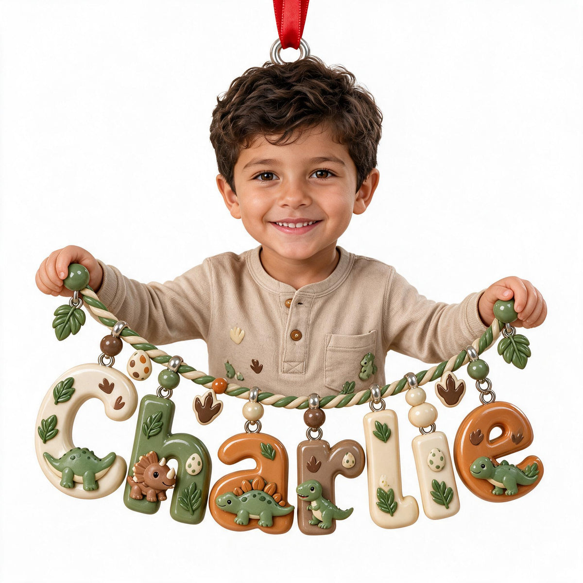 Personalized Latino Little Boy Dinosaur Name Ornament, Gift for Son Grandson Nephew