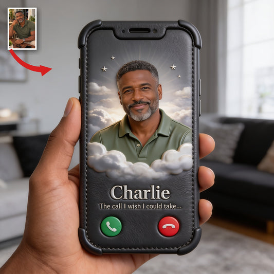 Personalized Middle-Aged Black Man Memorial Leather Phone Case, Dad Husband Keepsake