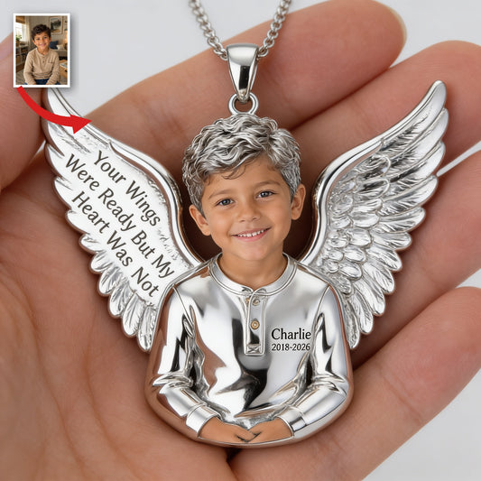 Personalized Latino Little Boy Memorial Winged Pendant Necklace