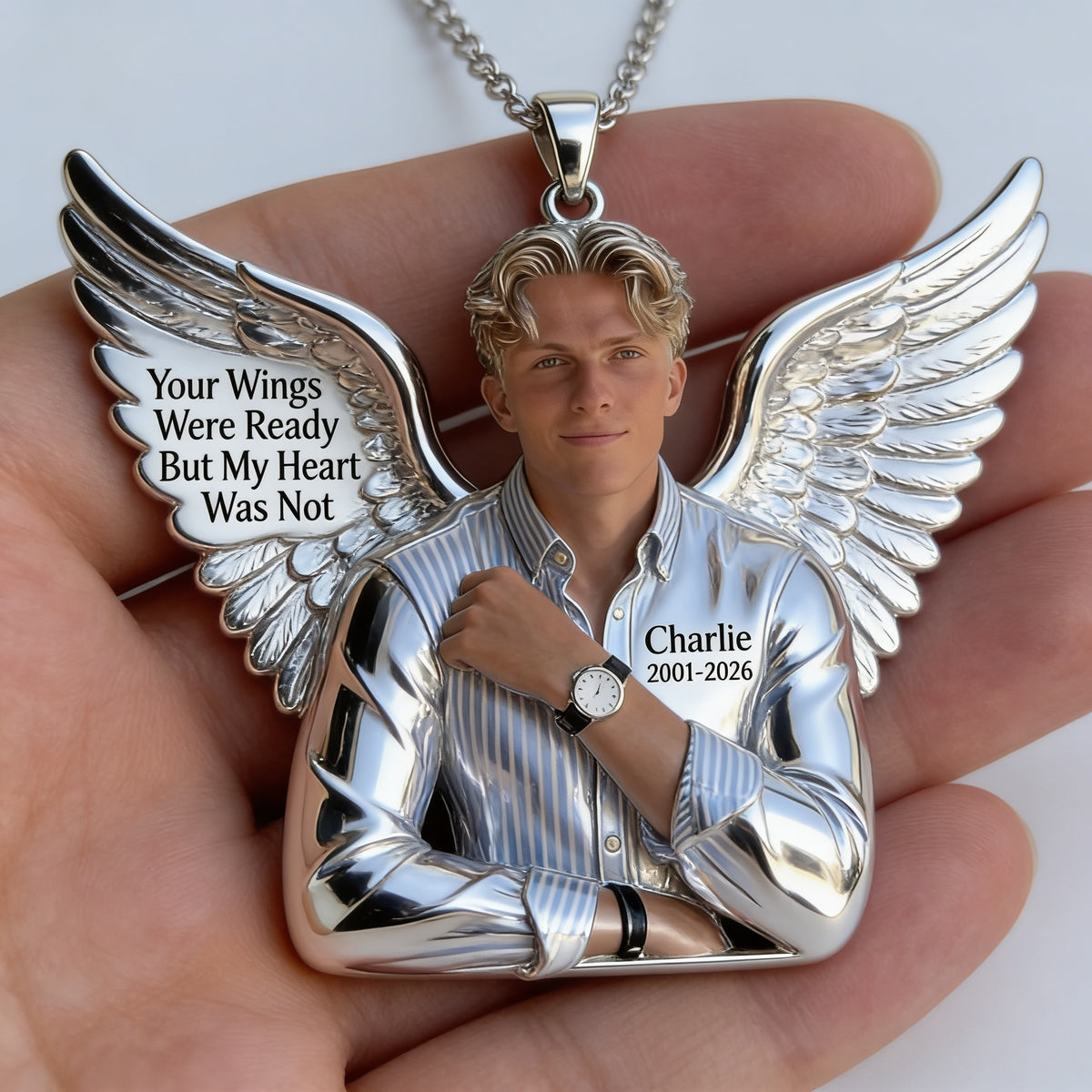 Personalized Memorial Man Angel Wing Metal Pendant Necklace