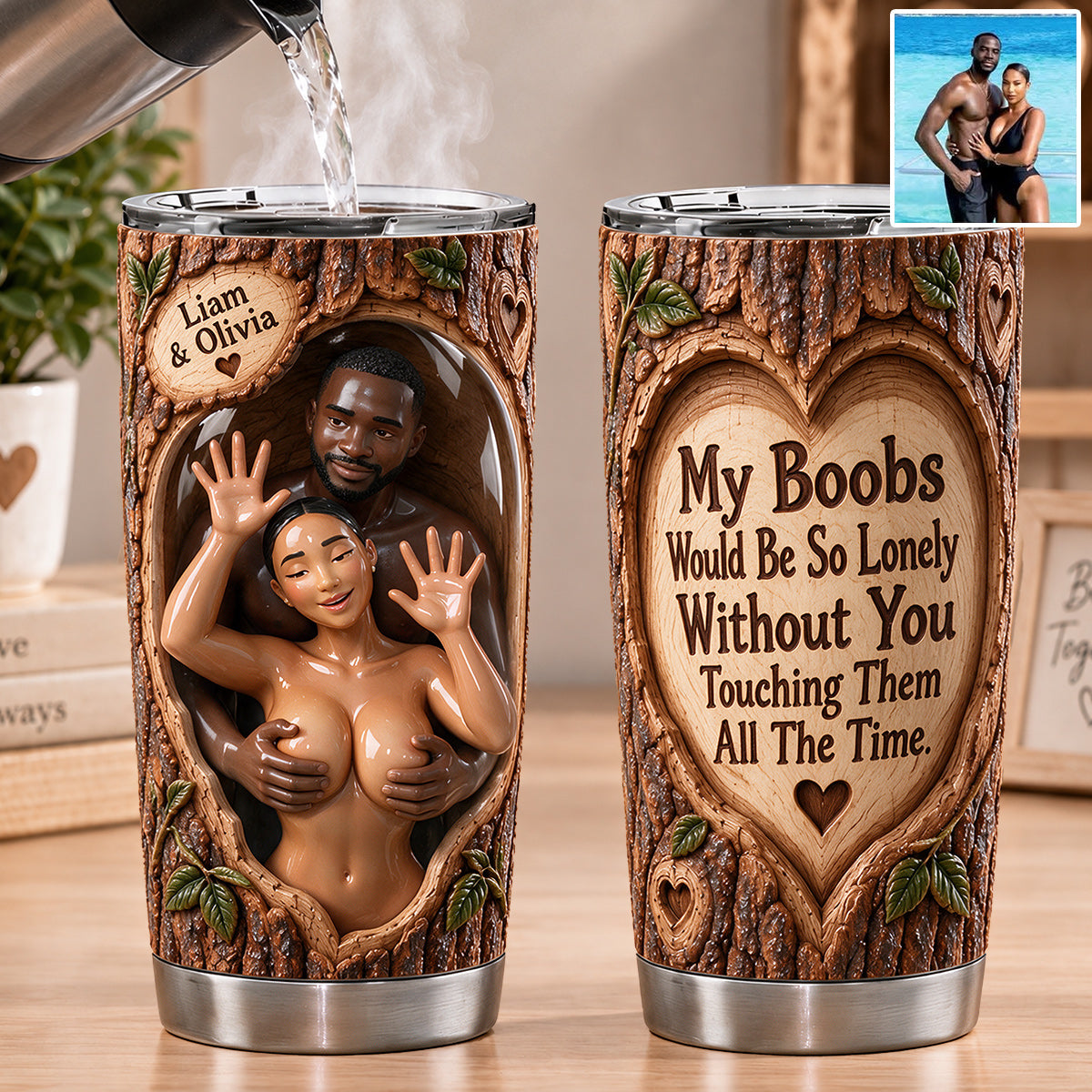 Custom Photo Funny Naughty Latino Couple Tumbler, Husband Wife Gift