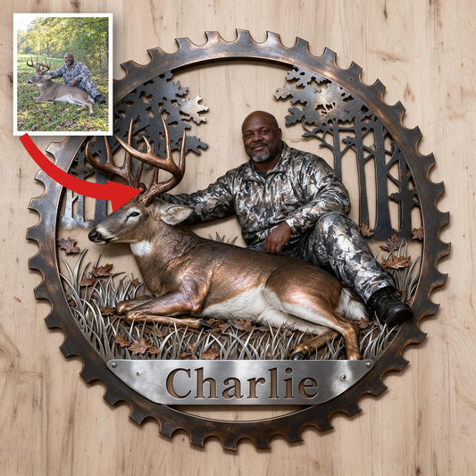 Personalized Middle-Aged Black Hunter with Deer 3D Cut Metal Sign Hunting Wall Decor