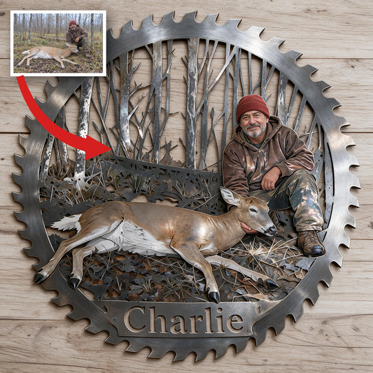 Personalized Middle-Aged Latino Hunter with Deer 3D Cut Metal Sign Wall Decor