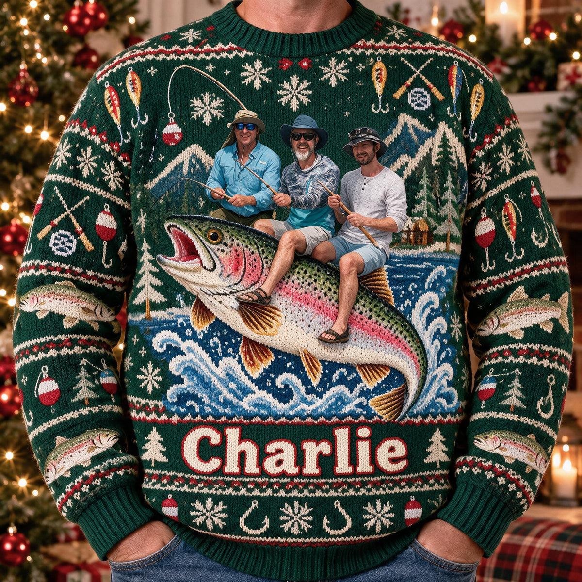 Personalized Christmas Fishing Group Ugly Sweater, Fishing Lover Gift