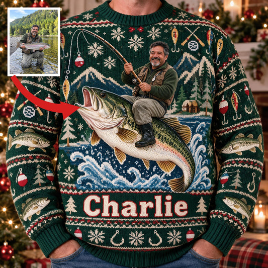 Personalized Christmas Middle-Aged Latino Fisherman Fishing Ugly Sweater