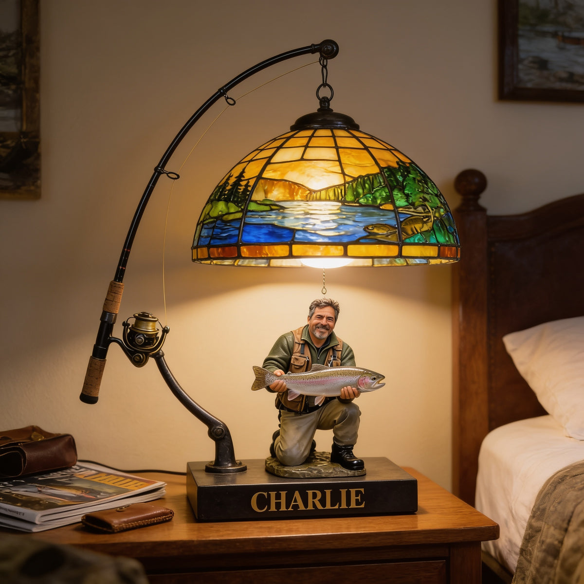Personalized Middle-Aged Latino Fisherman Acrylic LED Night Light Fishing Lover Gift