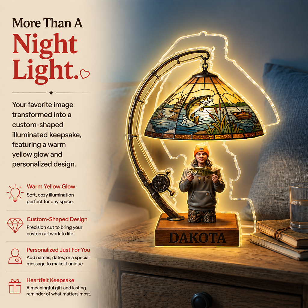 Personalized Middle-Aged Latino Fisherman Acrylic LED Night Light Fishing Lover Gift