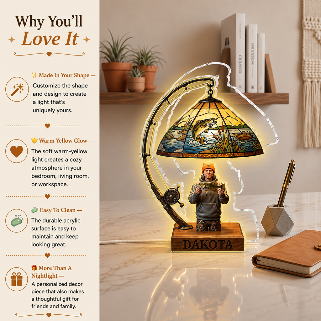 Personalized Middle-Aged Latino Fisherman Acrylic LED Night Light Fishing Lover Gift