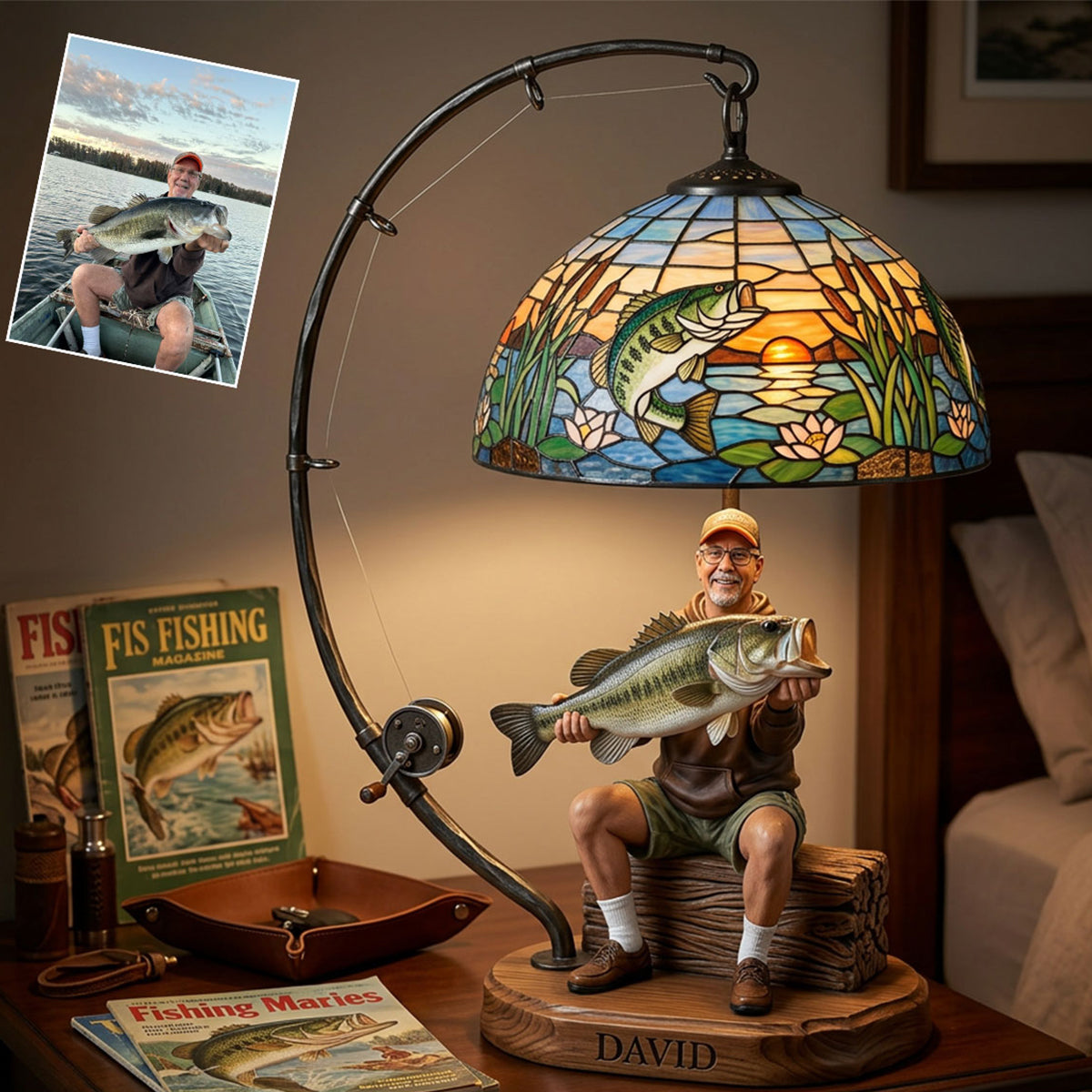 Personalized Middle-Aged Latino Fisherman Acrylic LED Night Light Fishing Lover Gift