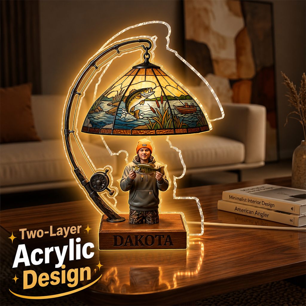 Personalized Middle-Aged Latino Fisherman Acrylic LED Night Light Fishing Lover Gift