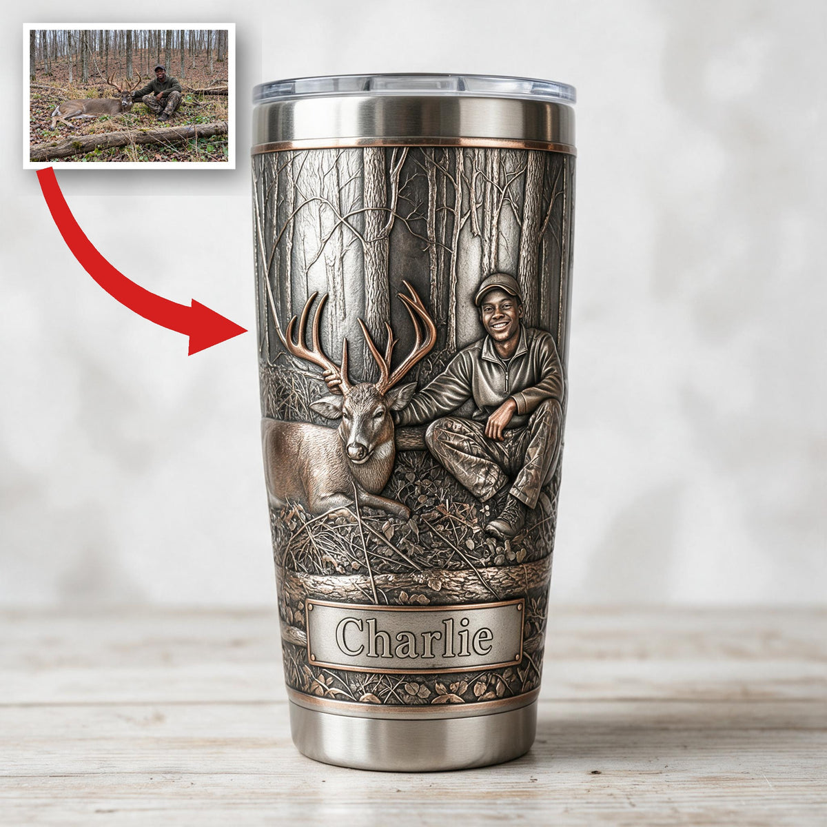 Personalized Black Hunter with Deer Hunting Tumbler