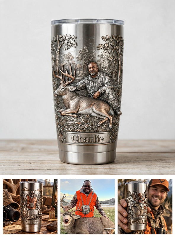 Personalized Middle-Aged Black Hunter with Deer Hunting Tumbler, Hunter Gift