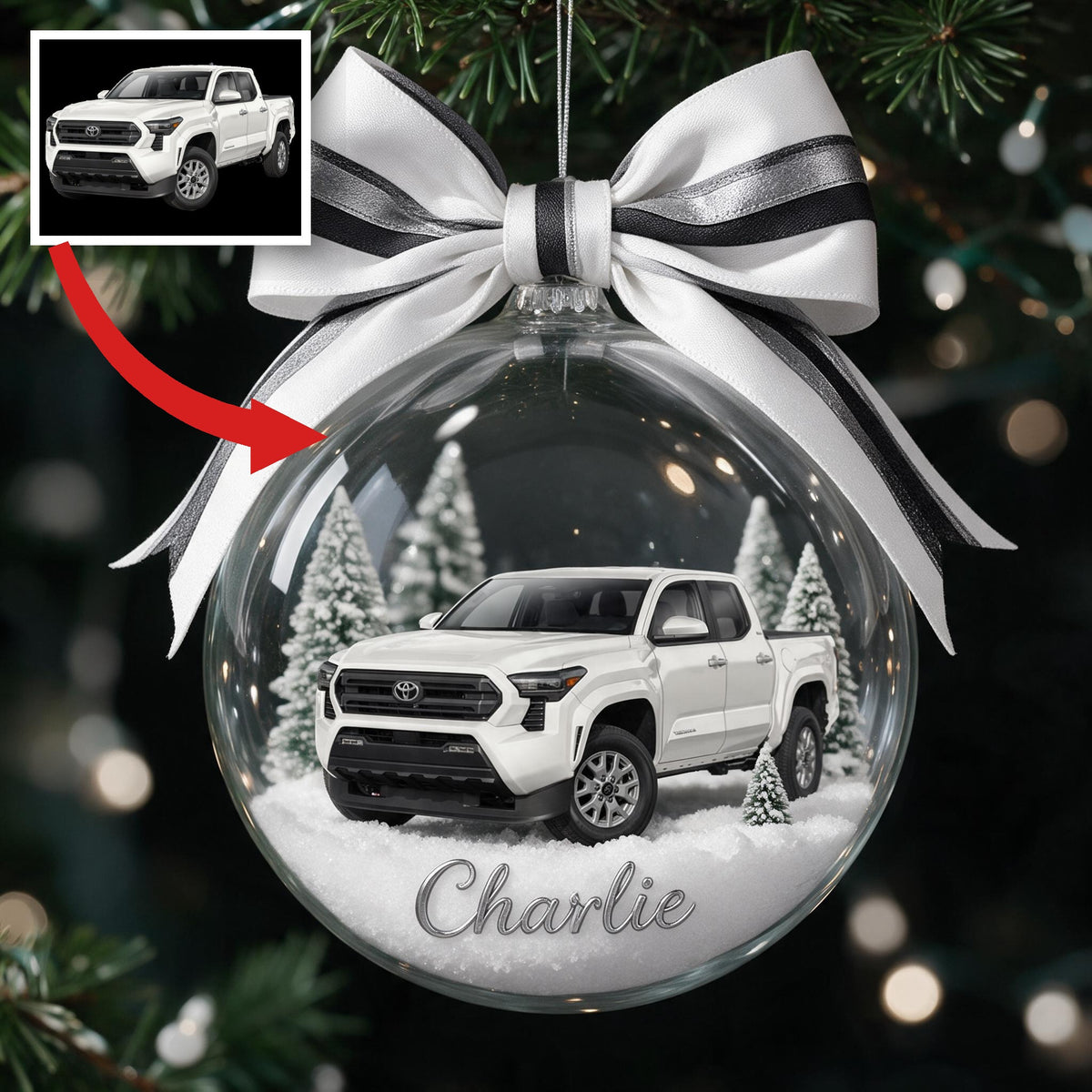 Personalized Christmas White Toyota Tacoma Pickup Truck Snow Globe Ornament Car Lover Gift