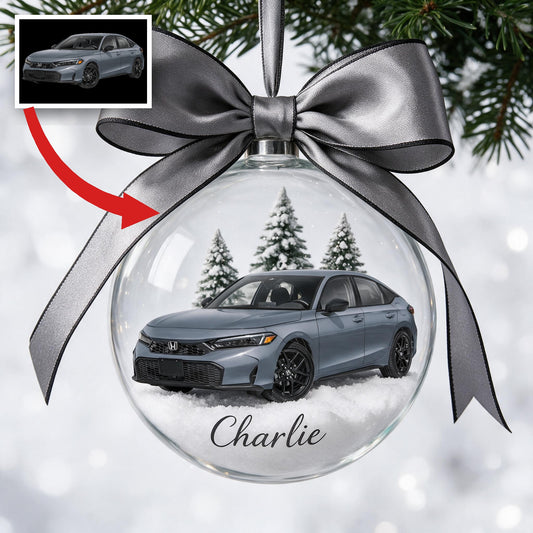 Personalized Christmas Grey Honda Civic Snow Globe Ornament Car Lover Gift