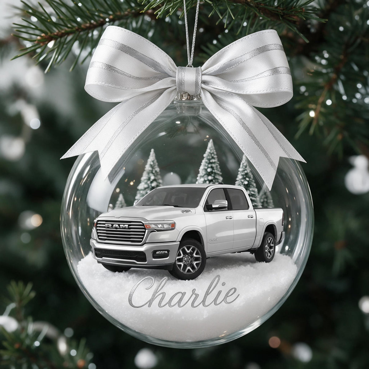 Personalized Christmas White Ram Pickup Truck Snow Globe Ornament Truck Lover Gift