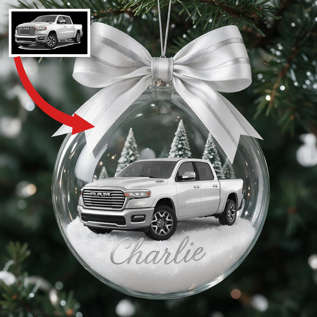 Personalized Christmas White Ram Pickup Truck Snow Globe Ornament Truck Lover Gift