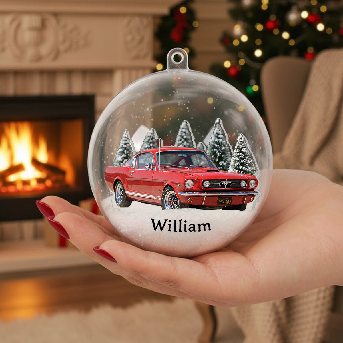 Personalized Christmas White Electric Car Snow Globe Ornament Car Lover Gift