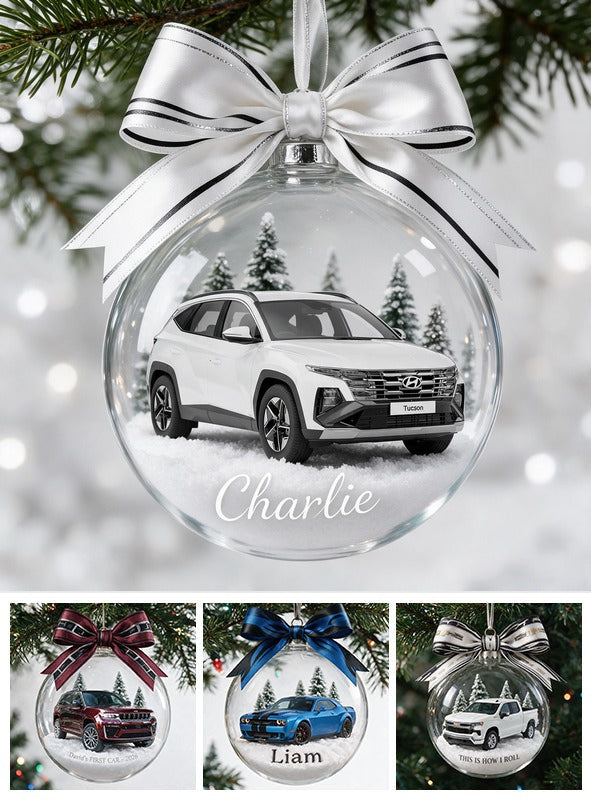 Personalized Christmas White Hyundai Tucson Snow Globe Ornament Car Lover Gift