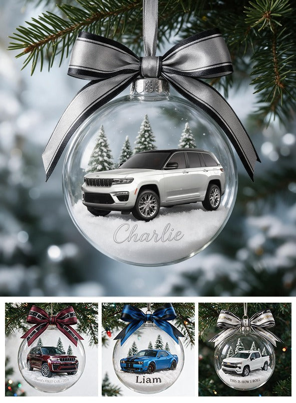 Personalized Christmas Silver Jeep Grand Cherokee Snow Globe Ornament Car Lover Gift