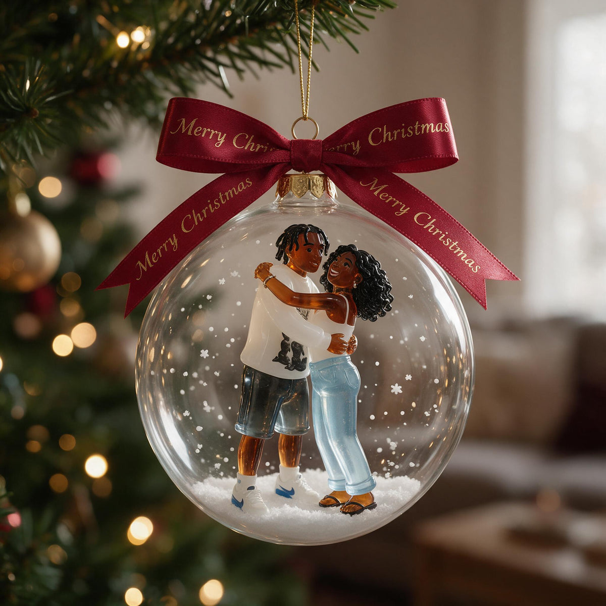 Personalized Christmas Black Couple Snow Globe Ornament Holiday Keepsake Gift