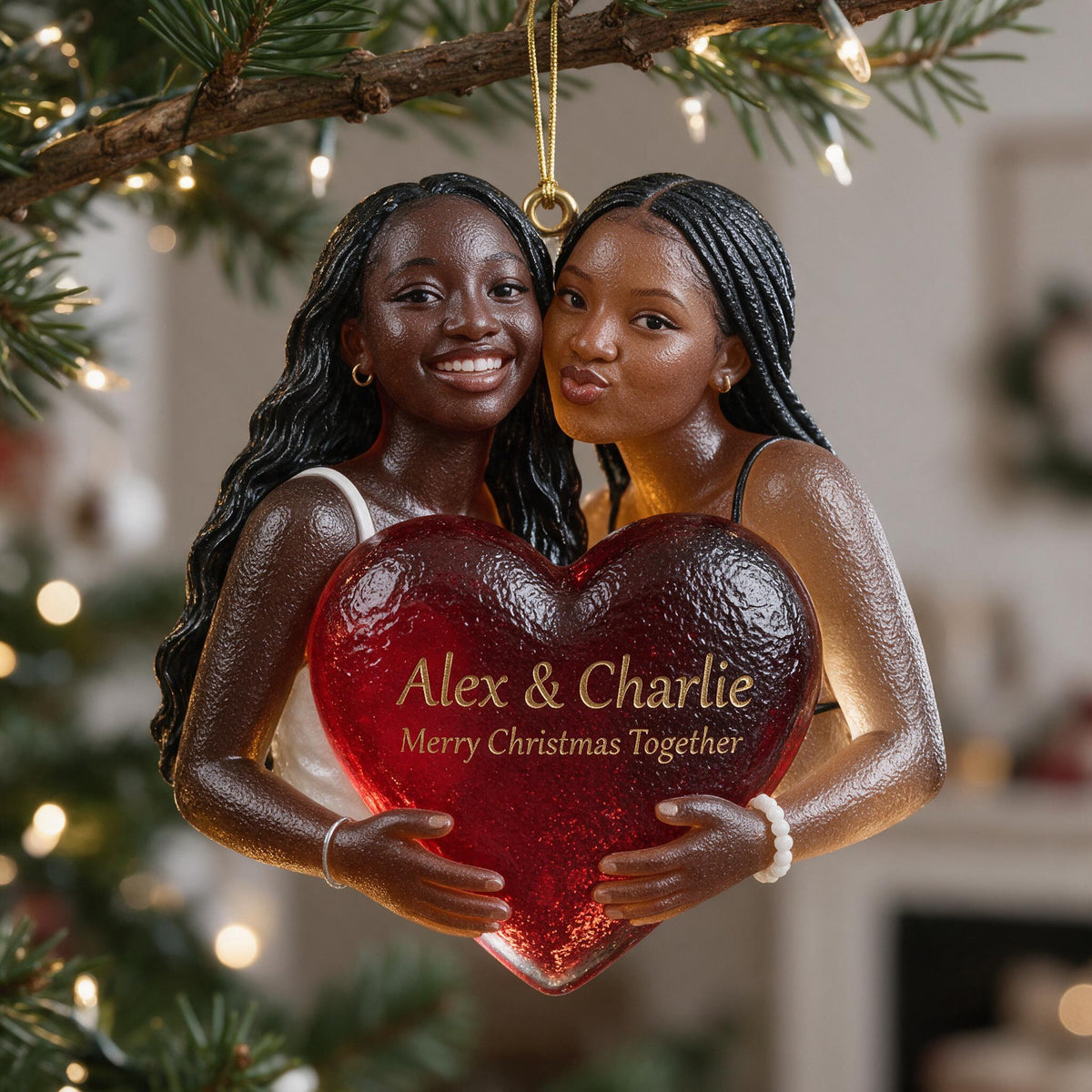 Personalized Christmas Black Lesbian Couple Glass Ornament LGBT Couple Keepsake