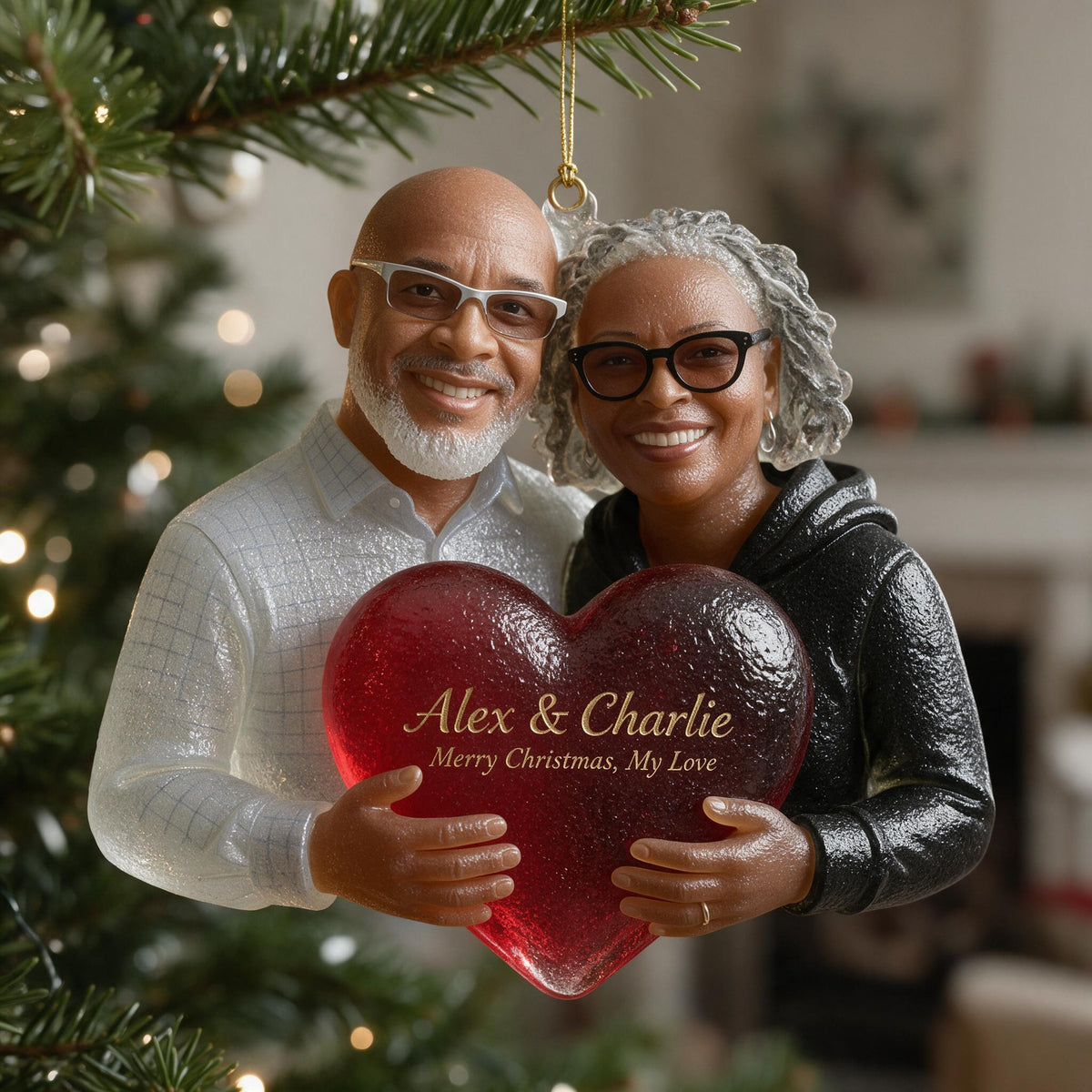 Personalized Christmas Middle-Aged Black Couple Glass Ornament, Husband Wife Gift
