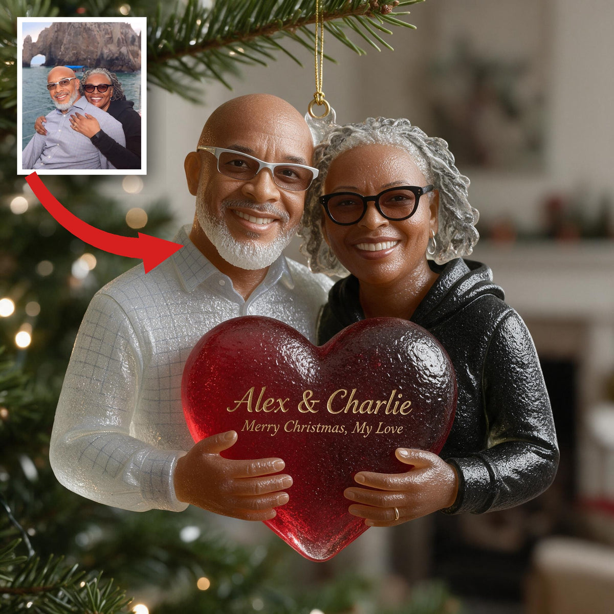 Personalized Christmas Middle-Aged Black Couple Glass Ornament, Husband Wife Gift