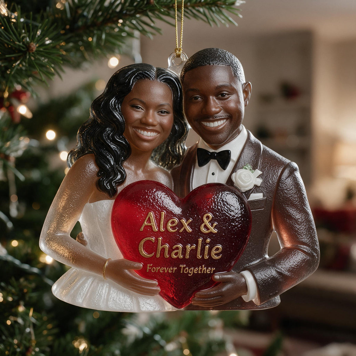Personalized Wedding Black Couple Custom Glass Ornament, Couple Keepsake Gift