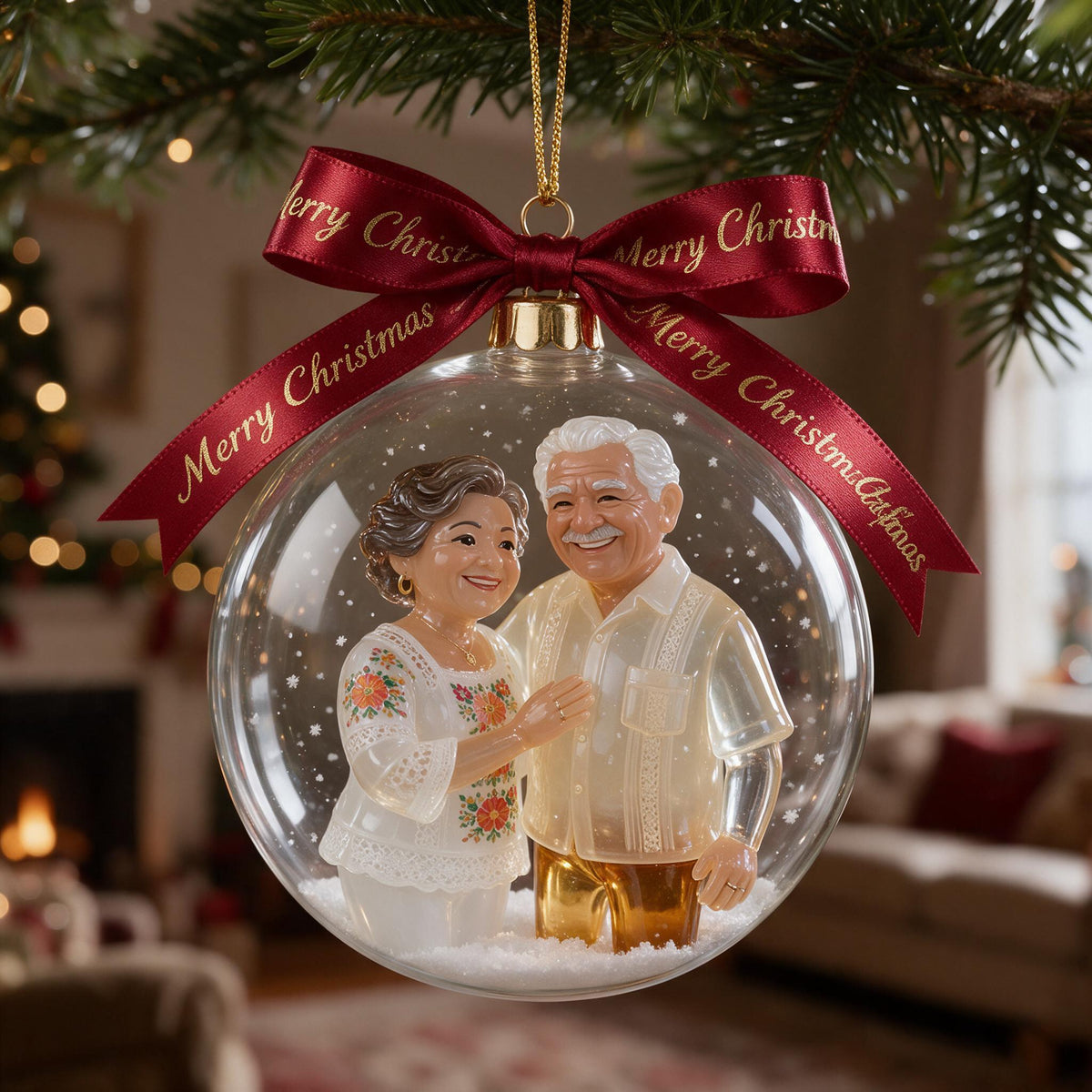 Personalized Christmas Older Latino Couple Snow Globe Ornament Family Holiday Gift