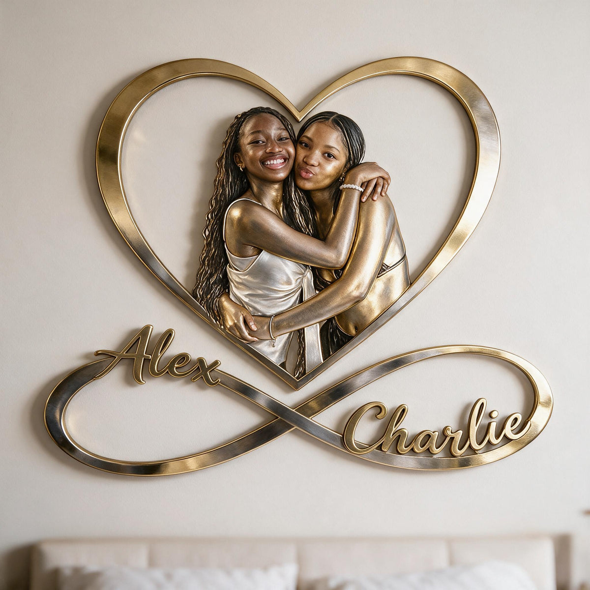 Personalized Custom Photo Black Lesbian Couple Infinity Heart Metal Sign Bedroom Decor