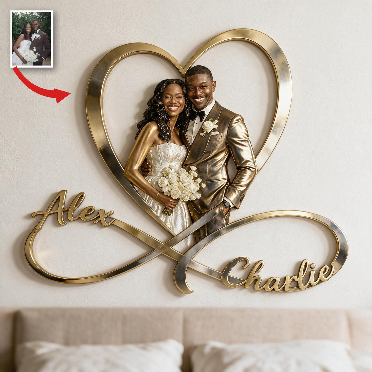 Personalized Custom Photo Wedding Black Couple Infinity Heart Metal Sign Bedroom Decor