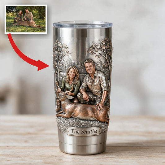 Personalized Custom Photo Middle-Aged Hunting Couple with Deer Tumbler Hunting Gift
