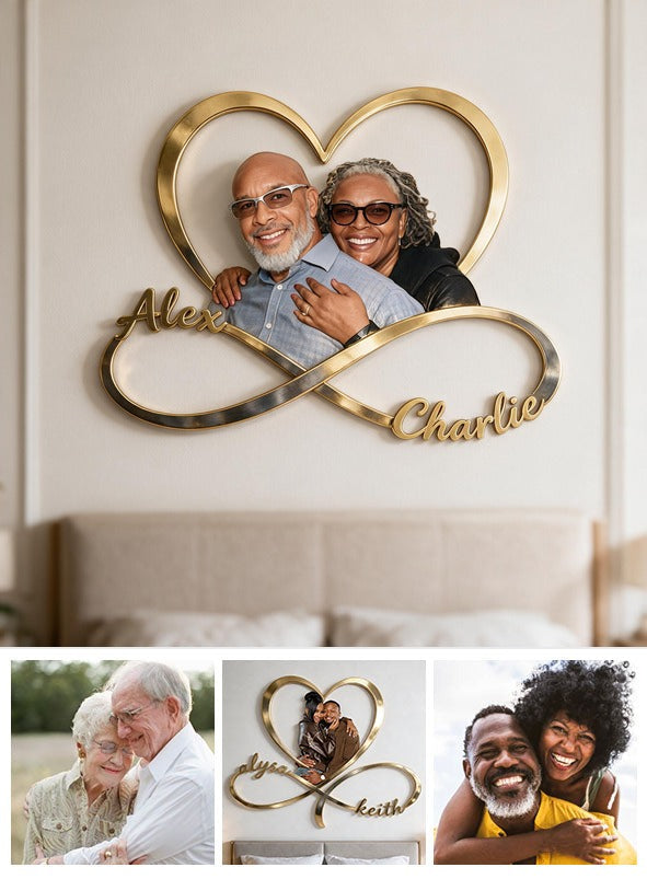 Personalized Custom Photo Middle-Aged Black Couple Infinity Heart Metal Sign Bedroom Decor