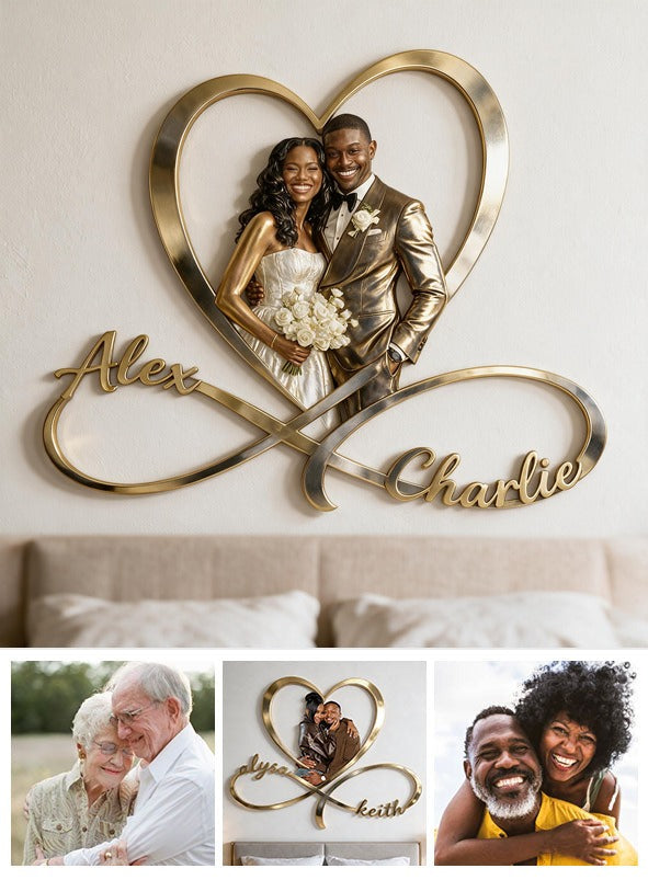 Personalized Custom Photo Wedding Black Couple Infinity Heart Metal Sign Bedroom Decor