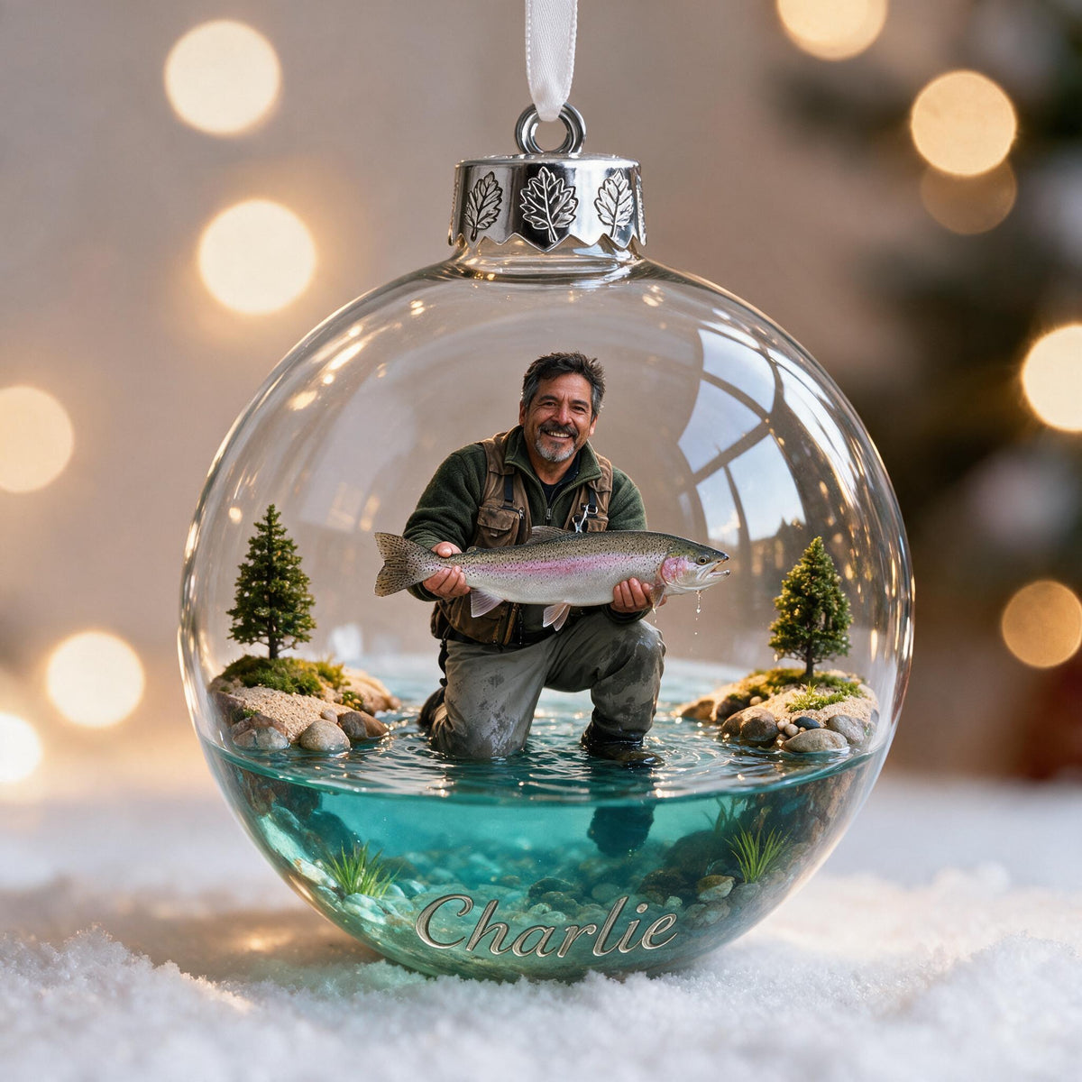 Personalized Christmas Middle-Aged Latino Fisherman Fishing Ornament