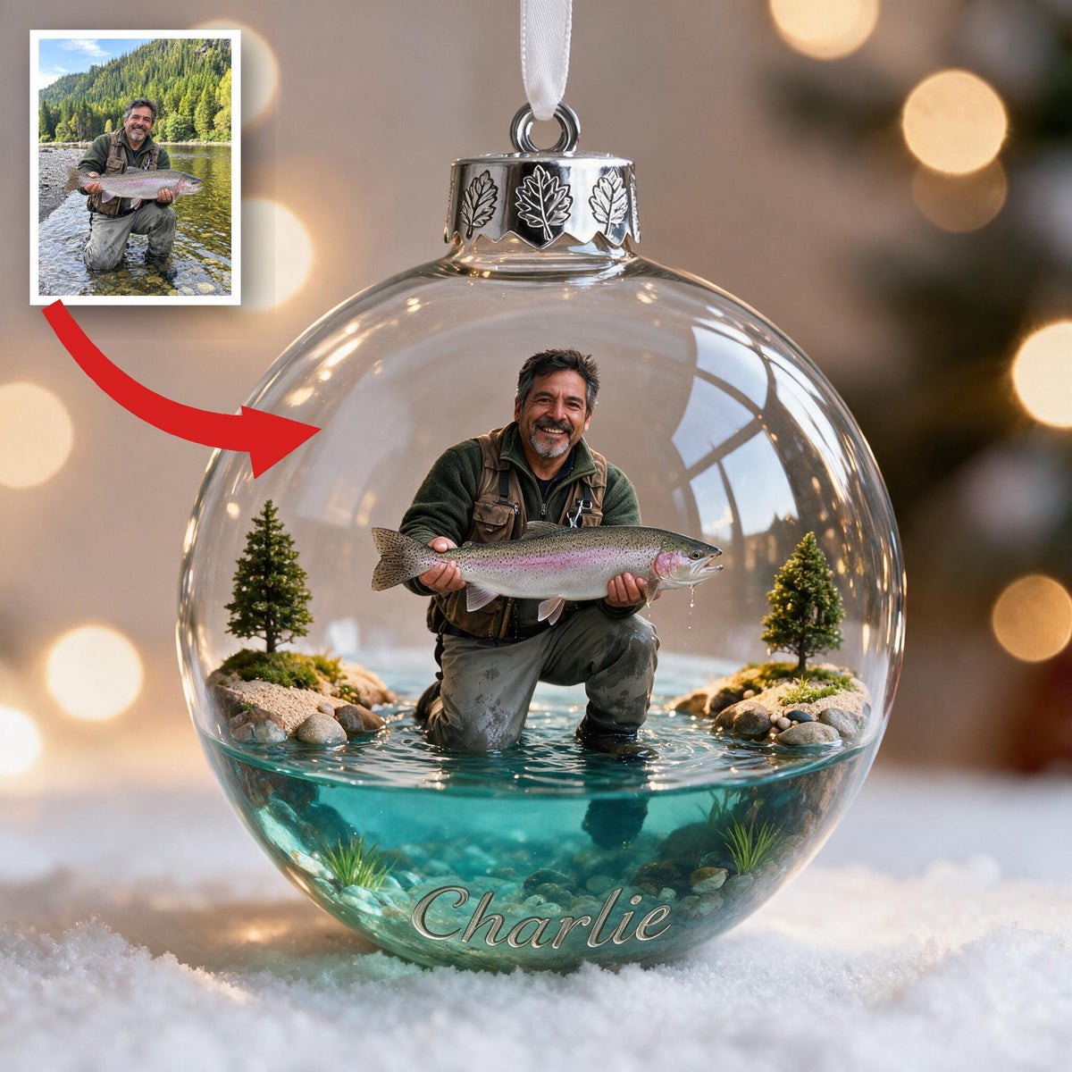 Personalized Christmas Middle-Aged Latino Fisherman Fishing Ornament