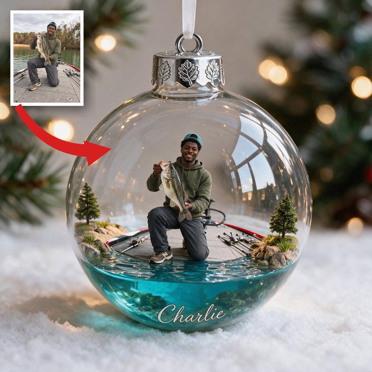 Personalized Christmas Black Fisherman Fishing Ornament Gift for Anglers