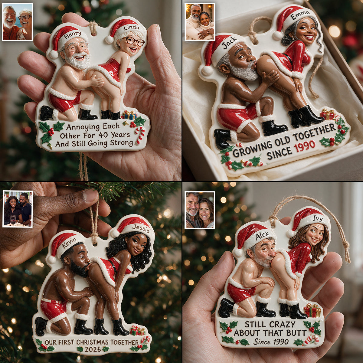 Personalized Custom Photo Christmas Black Couple Funny 3D Ornament
