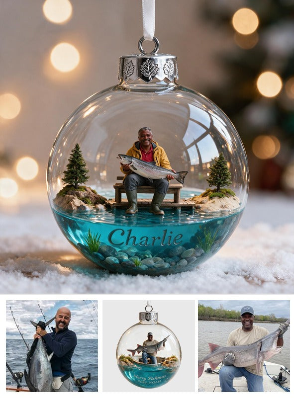 Personalized Christmas Middle-Aged Black Fisherman Fishing Ornament