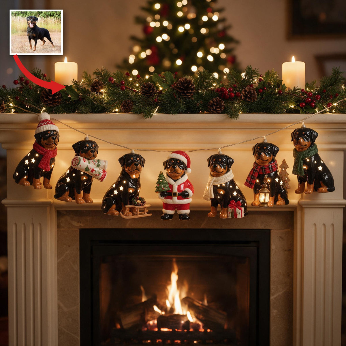 Personalized Custom Photo Christmas Adult Black and Tan Rottweiler String Lights