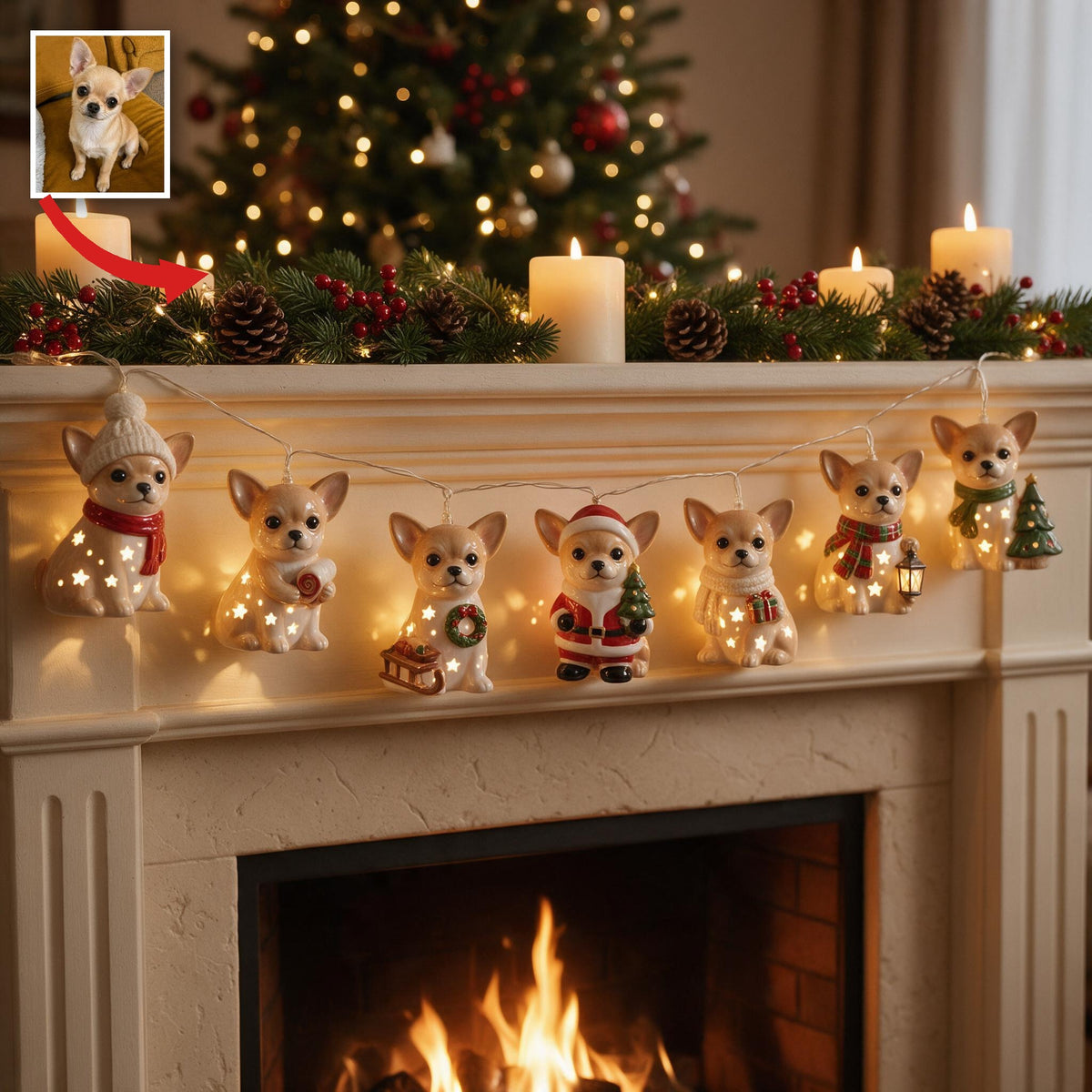Personalized Custom Photo Christmas Fawn White Chihuahua Puppy String Lights
