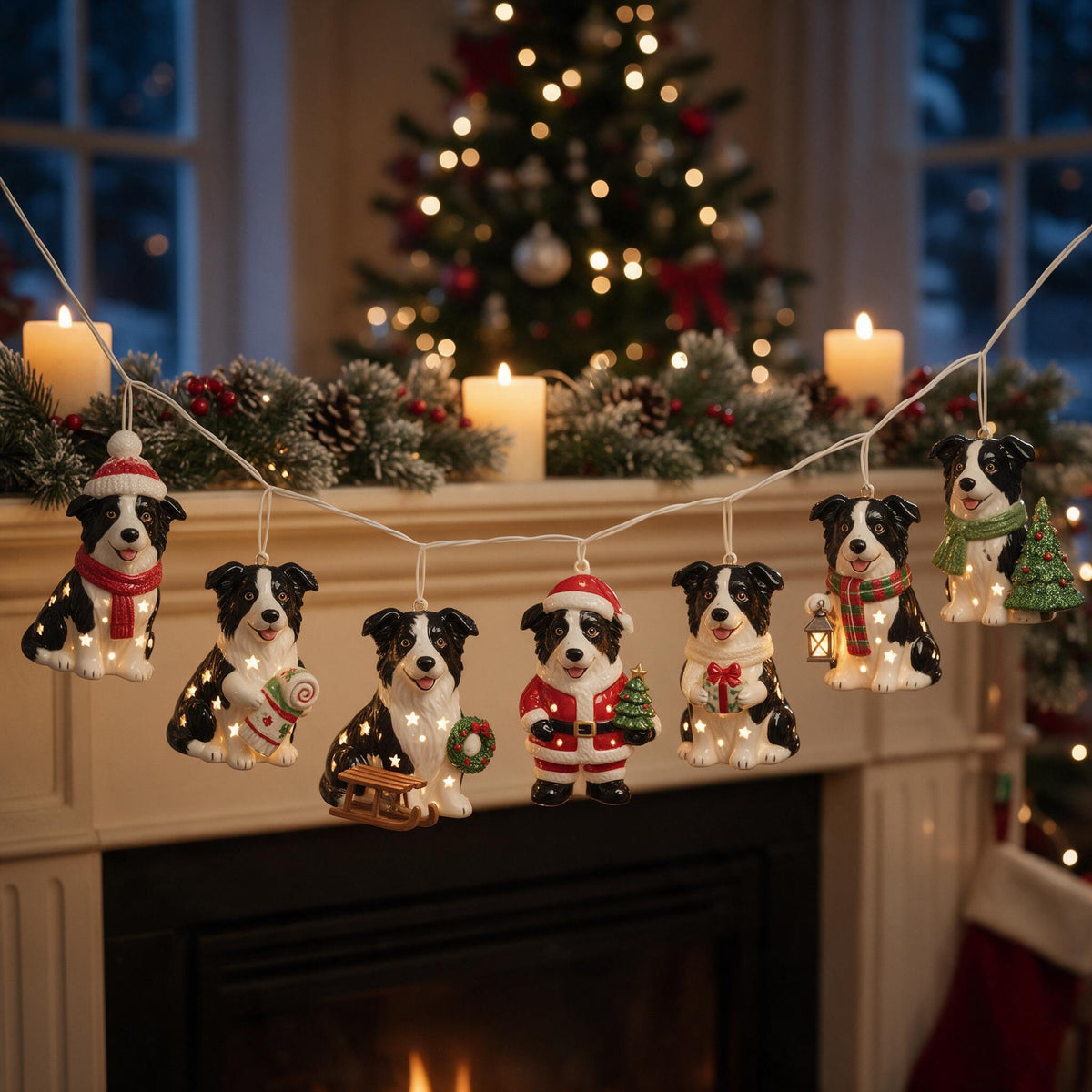 Personalized Custom Photo Christmas Black and White Border Collie String Lights