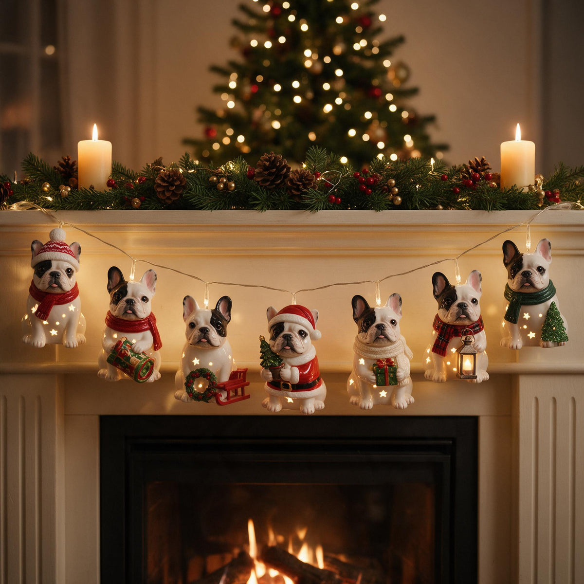 Personalized Custom Photo Christmas Black & White French Bulldog String Lights Holiday Decor