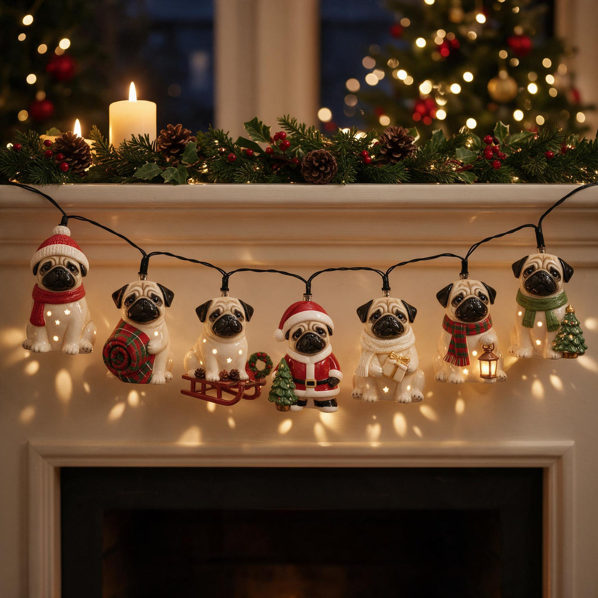 Personalized Custom Photo Christmas Fawn Black Mask Pug String Lights Home Decor