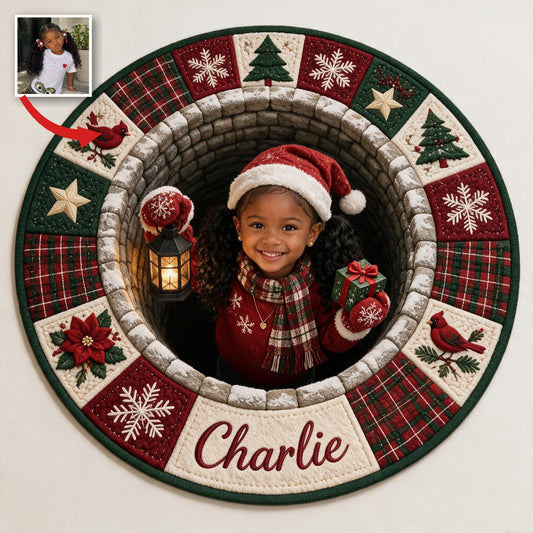 Personalized Christmas Black Little Girl Non-Slip Tufted Rug, Kids Holiday Home Decor Gift