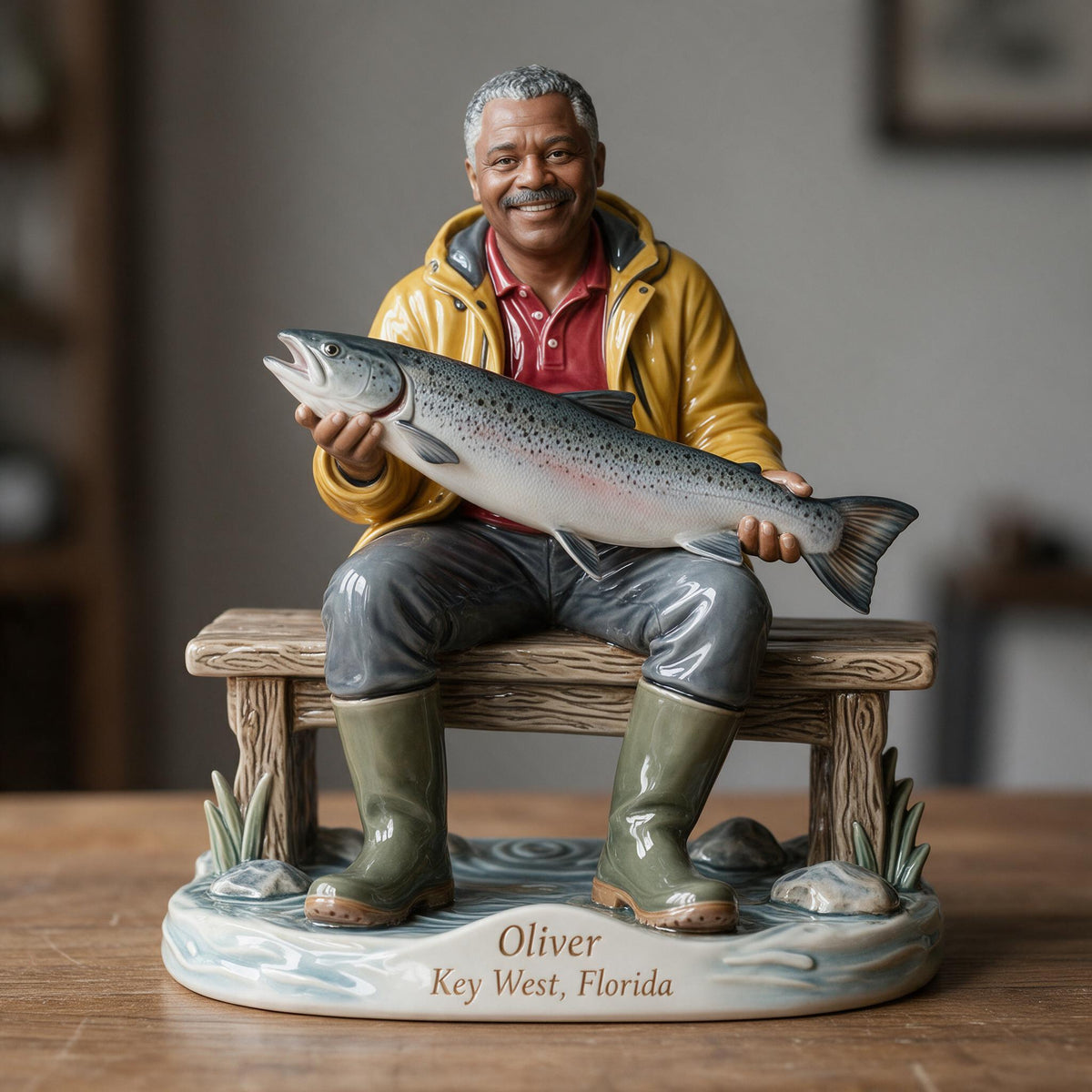 Personalized Custom Photo Middle-Aged Black Fisherman 3D Resin Plaque Fishing Decor Gift