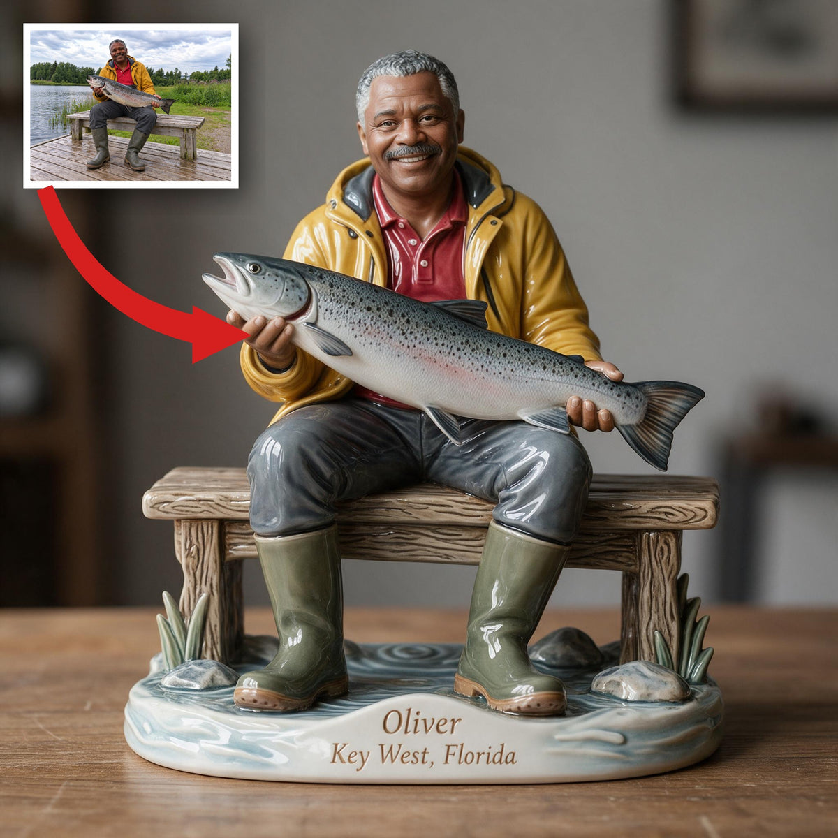 Personalized Custom Photo Middle-Aged Black Fisherman 3D Resin Plaque Fishing Decor Gift