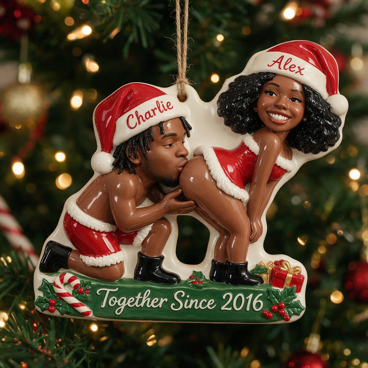 Personalized Custom Photo Christmas Black Couple Funny 3D Ornament