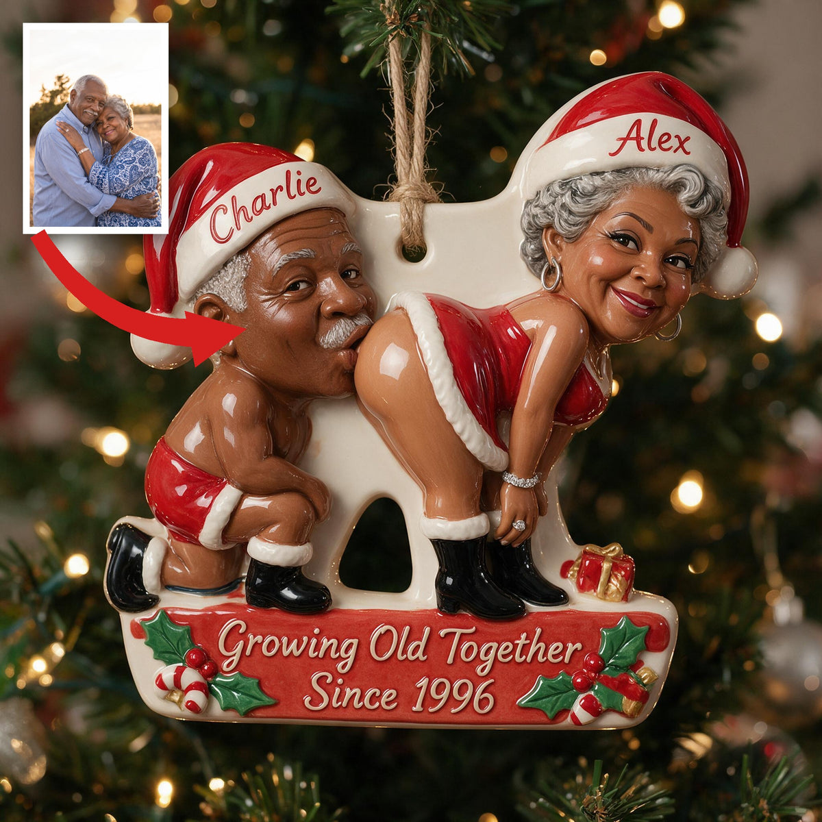 Personalized Custom Photo Christmas Older Black Couple Funny 3D Resin Ornament