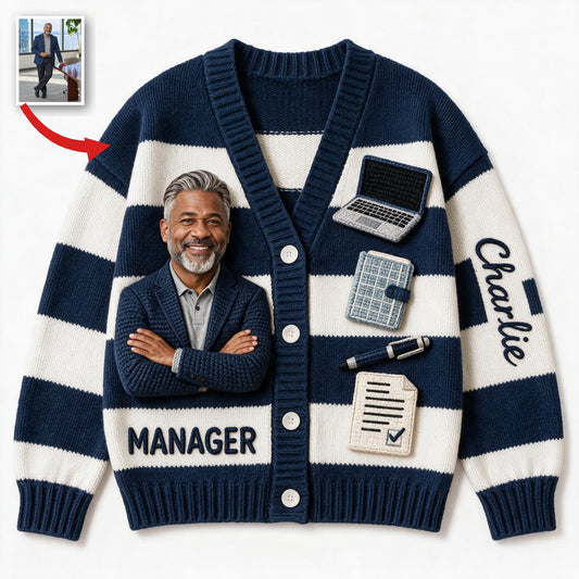 Personalized Older Black Male Manager Cardigan Sweater Office Work Gift
